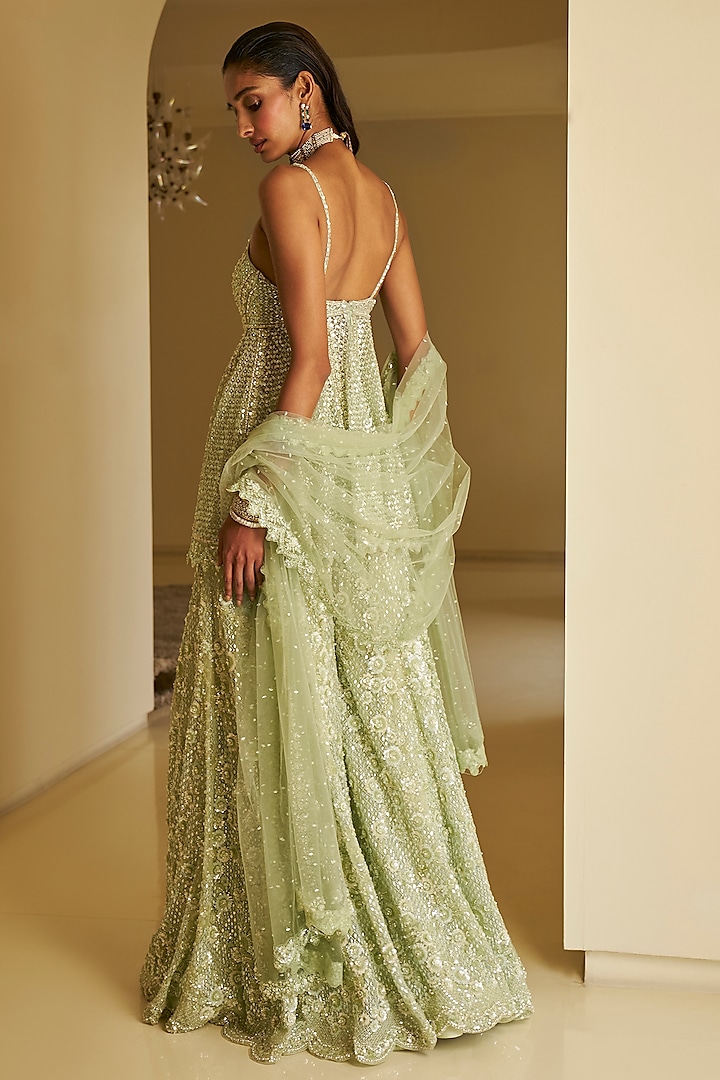 Mint Green Net Sequins Embroidered Bridal Sharara Set by Seema Gujral at Pernia's Pop Up Shop