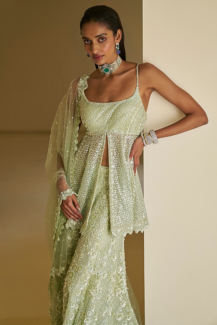 Mint Green Net Sequins Embroidered Bridal Sharara Set by Seema Gujral at Pernia's Pop Up Shop