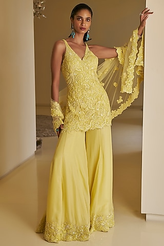 Yellow Georgette Sequin Embroidered Sharara Set by Seema Gujral