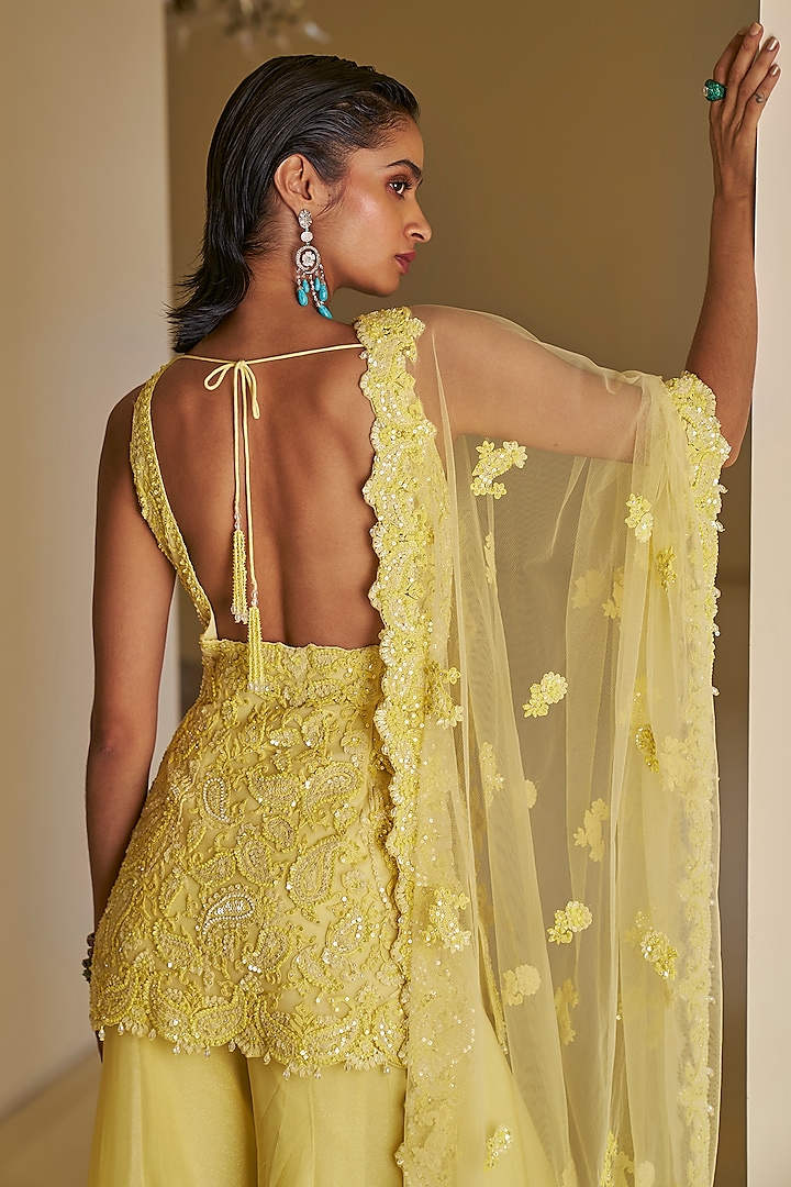 Yellow Georgette Sequin Embroidered Bridal Sharara Set by Seema Gujral at Pernia's Pop Up Shop