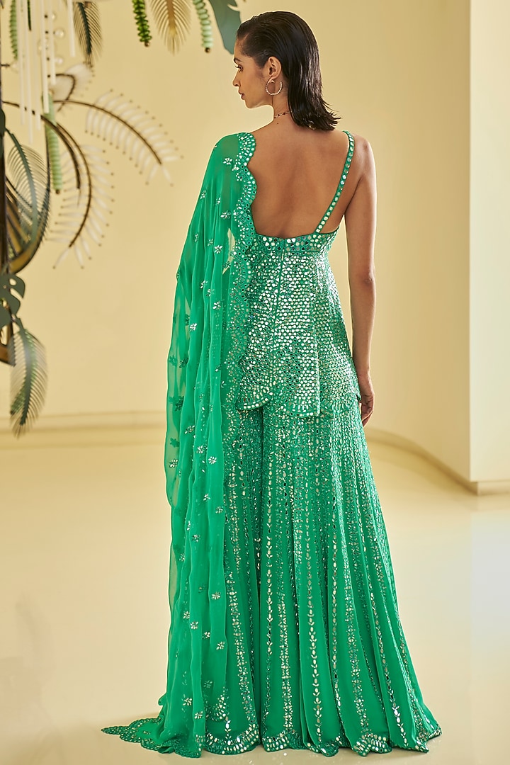 Green Georgette Mirror Work Bridal Sharara Set by Seema Gujral at Pernia's Pop Up Shop