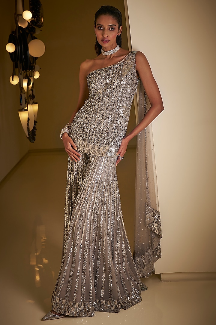 Silver Grey Net Sequin Embroidered Sharara Set by Seema Gujral