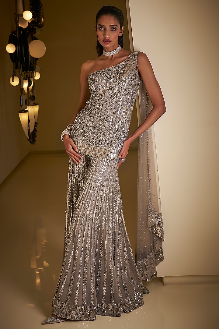 Silver Grey Net Sequin Embroidered Sharara Set by Seema Gujral at Pernia's Pop Up Shop