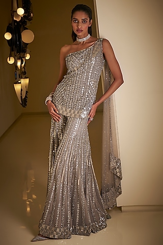 Silver Grey Net Sequin Embroidered Sharara Set by Seema Gujral