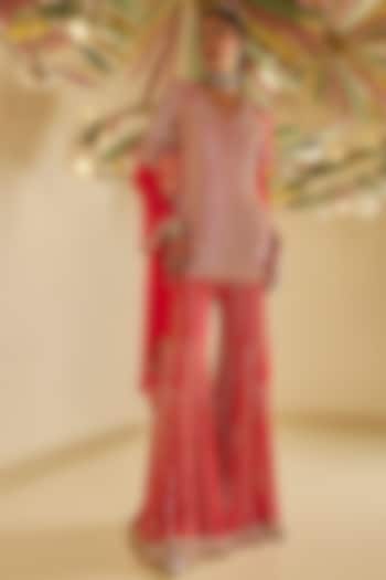 Red Georgette Sequin Embroidered Flowy Sharara Set by Seema Gujral at Pernia's Pop Up Shop