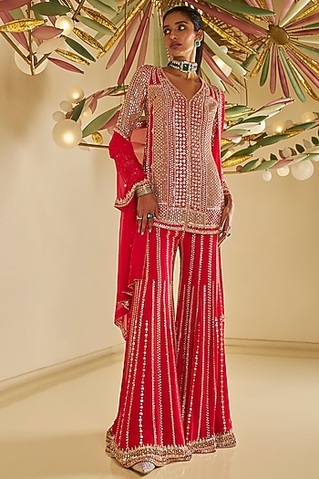 Red Georgette Sequin Embroidered Flowy Bridal Sharara Set by Seema Gujral at Pernia's Pop Up Shop