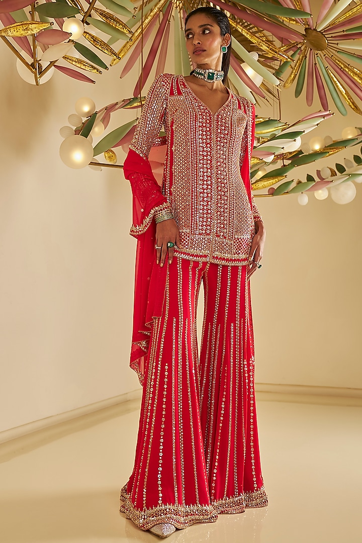 Red Georgette Sequin Embroidered Flowy Sharara Set by Seema Gujral at Pernia's Pop Up Shop