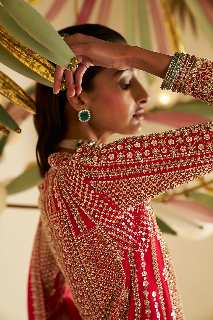 Red Georgette Sequin Embroidered Flowy Bridal Sharara Set by Seema Gujral at Pernia's Pop Up Shop