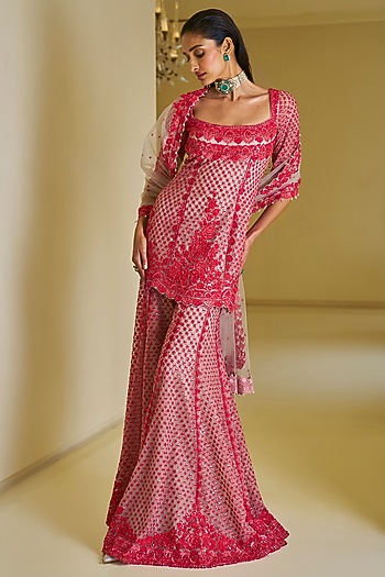Ivory Net Thread Embroidered Bridal Sharara Set by Seema Gujral at Pernia's Pop Up Shop