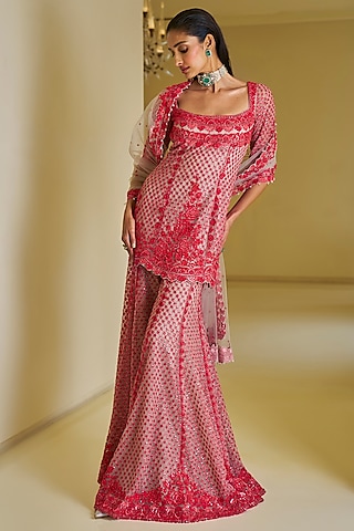 Ivory Net Thread Embroidered Sharara Set by Seema Gujral