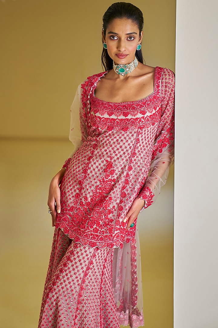 Ivory Net Thread Embroidered Bridal Sharara Set by Seema Gujral at Pernia's Pop Up Shop
