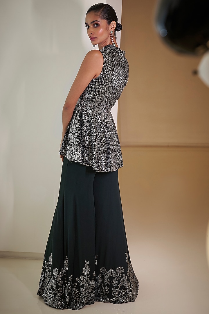 Bottle Green Georgette Crystal Embroidered Flowy Bridal Sharara Set by Seema Gujral at Pernia's Pop Up Shop
