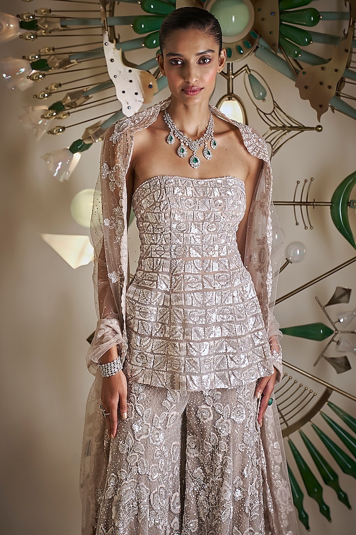 White Net Crystal Embroidered Bridal Sharara Set by Seema Gujral at Pernia's Pop Up Shop