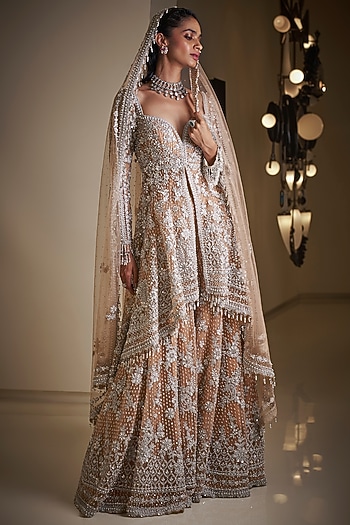 Nude Net Thread Embroidered High-Low Bridal Sharara Set by Seema Gujral at Pernia's Pop Up Shop