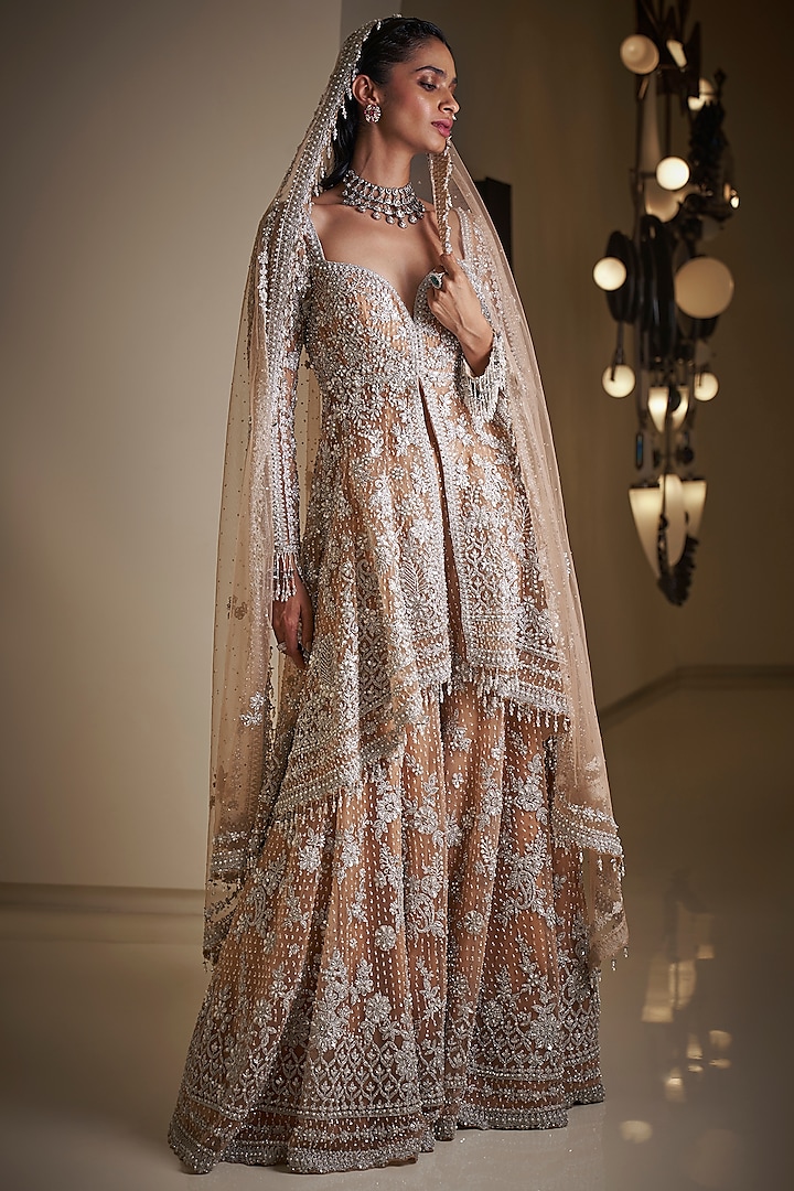 Nude Net Thread Embroidered High-Low Sharara Set by Seema Gujral at Pernia's Pop Up Shop