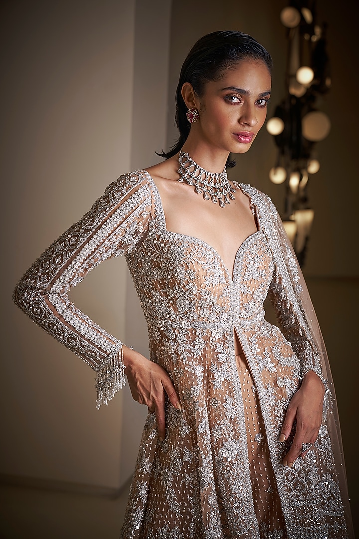 Nude Net Thread Embroidered High-Low Bridal Sharara Set by Seema Gujral at Pernia's Pop Up Shop