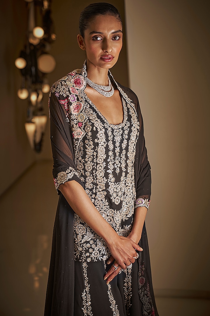 Black Georgette Thread Work Bridal Sharara Set by Seema Gujral at Pernia's Pop Up Shop