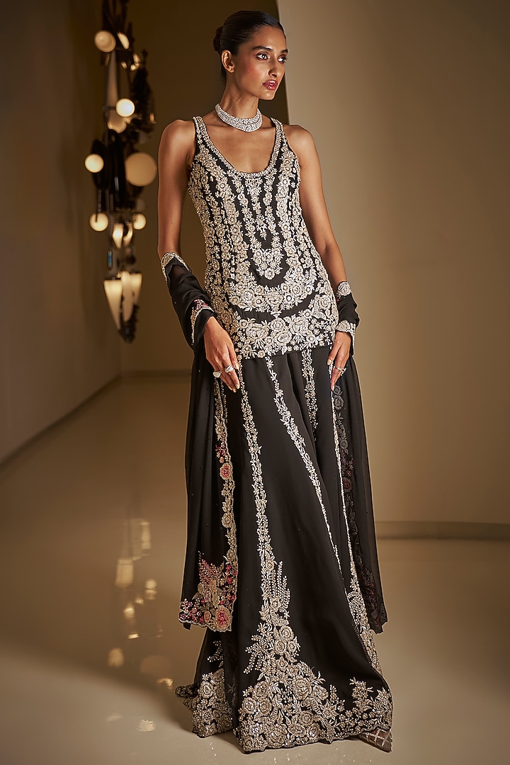 Black Georgette Thread Work Bridal Sharara Set by Seema Gujral at Pernia's Pop Up Shop