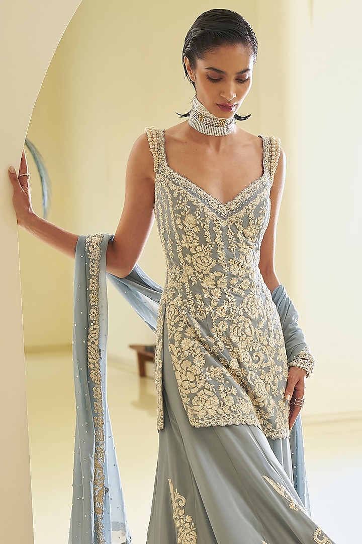 Blue Georgette Thread Embroidered Bridal Sharara Set by Seema Gujral at Pernia's Pop Up Shop