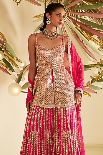 Fuchsia Georgette Gota Patti Embroidered Flowy Bridal Sharara Set by Seema Gujral at Pernia's Pop Up Shop