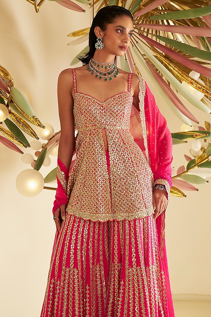 Fuchsia Georgette Gota Patti Embroidered Flowy Sharara Set by Seema Gujral