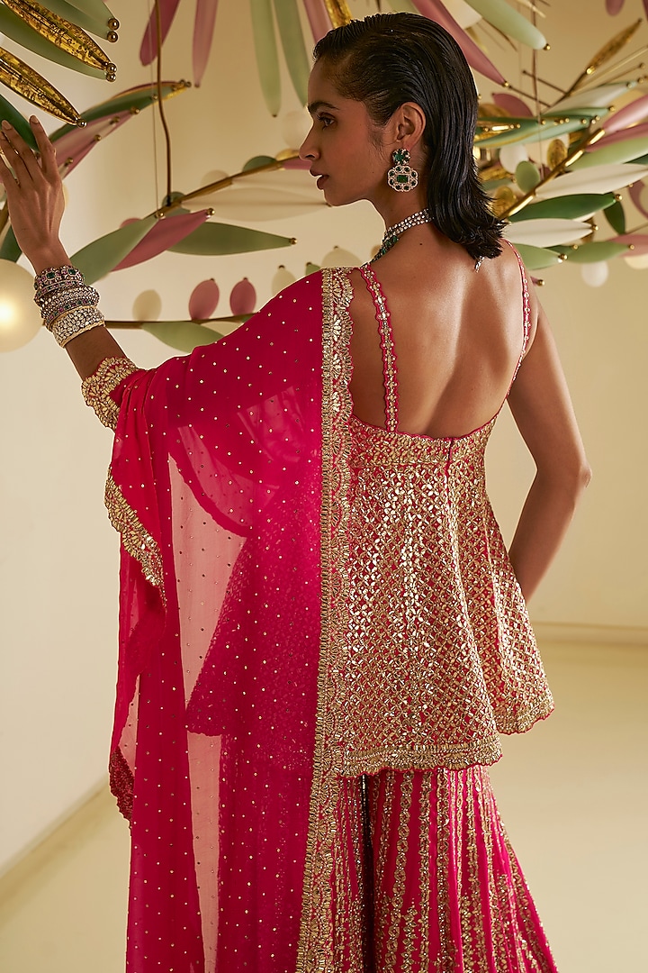 Fuchsia Georgette Gota Patti Embroidered Flowy Bridal Sharara Set by Seema Gujral at Pernia's Pop Up Shop