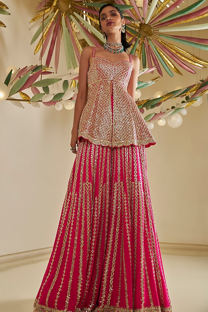 Fuchsia Georgette Gota Patti Embroidered Flowy Bridal Sharara Set by Seema Gujral at Pernia's Pop Up Shop