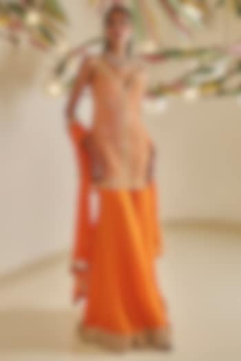 Orange Georgette Gota Patti Embroidered Flowy Sharara Set by Seema Gujral