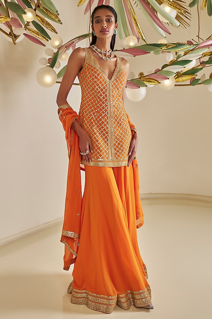 Orange Georgette Gota Patti Embroidered Flowy Sharara Set by Seema Gujral