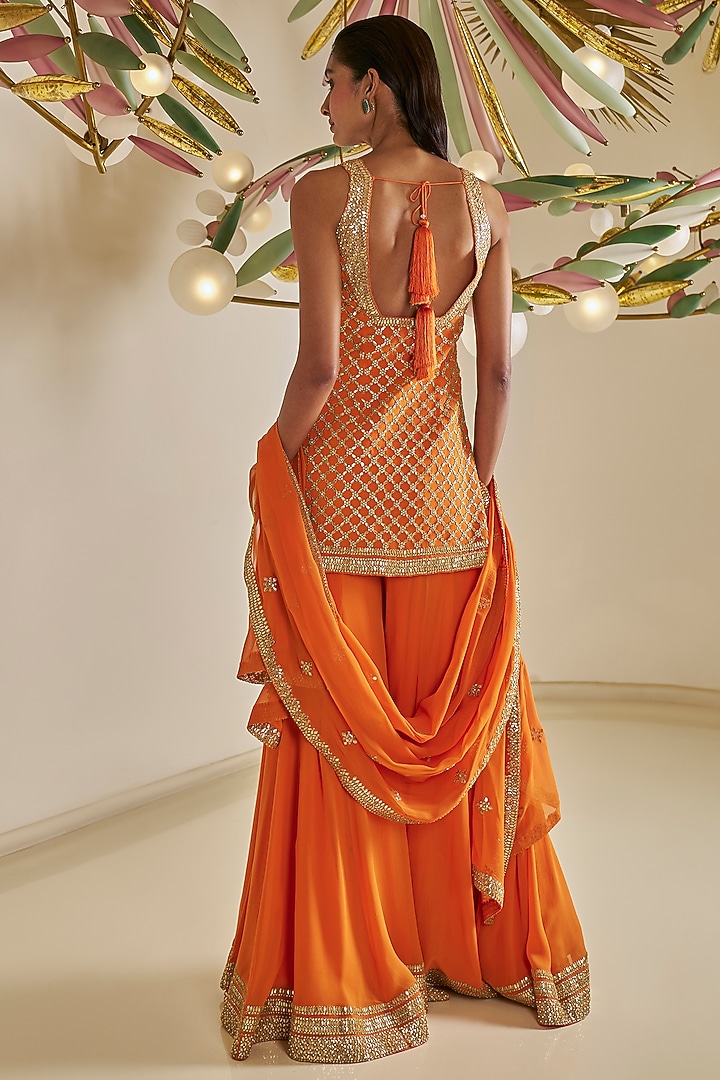 Orange Georgette Gota Patti Embroidered Flowy Bridal Sharara Set by Seema Gujral at Pernia's Pop Up Shop