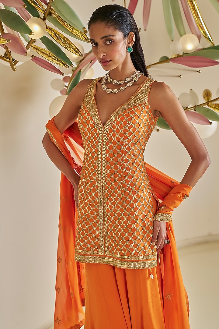 Orange Georgette Gota Patti Embroidered Flowy Bridal Sharara Set by Seema Gujral at Pernia's Pop Up Shop