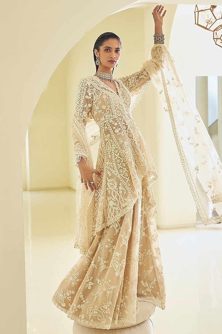 Nude Net Sequin Embroidered Sharara Set by Seema Gujral