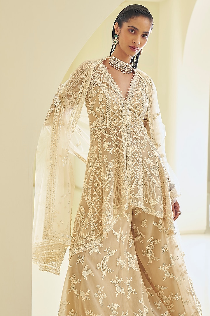 Nude Net Sequin Embroidered Bridal Sharara Set by Seema Gujral at Pernia's Pop Up Shop