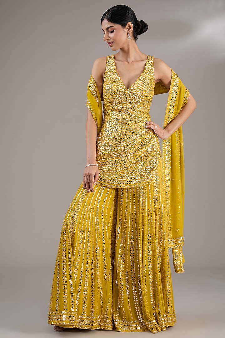 Yellow Georgette Sequins Embroidered Sharara Set by Seema Gujral at Pernia's Pop Up Shop