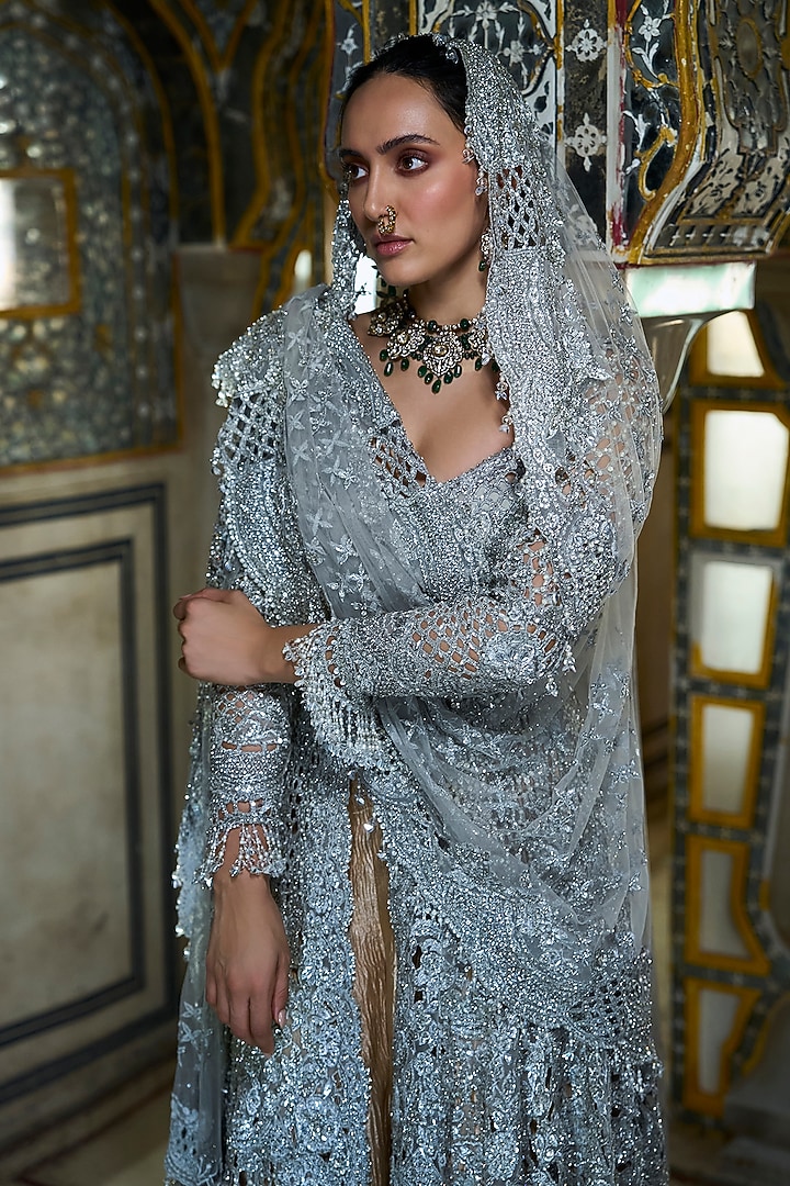 Gold Crushed Tissue Bridal Sharara Set by Seema Gujral at Pernia's Pop Up Shop