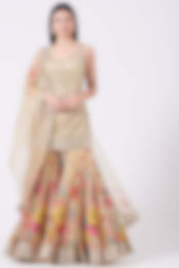 Beige Floral Embroidered Sharara Set by Seema Gujral