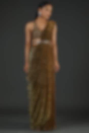 Gold Wrinkled Lurex Pre-Stitched Reception Saree Set by Seema Gujral at Pernia's Pop Up Shop