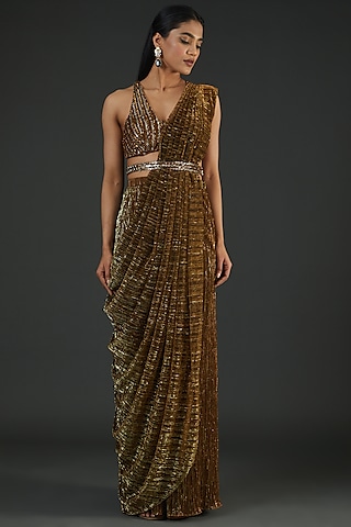 Gold Wrinkled Lurex Pre-Stitched Saree Set by Seema Gujral
