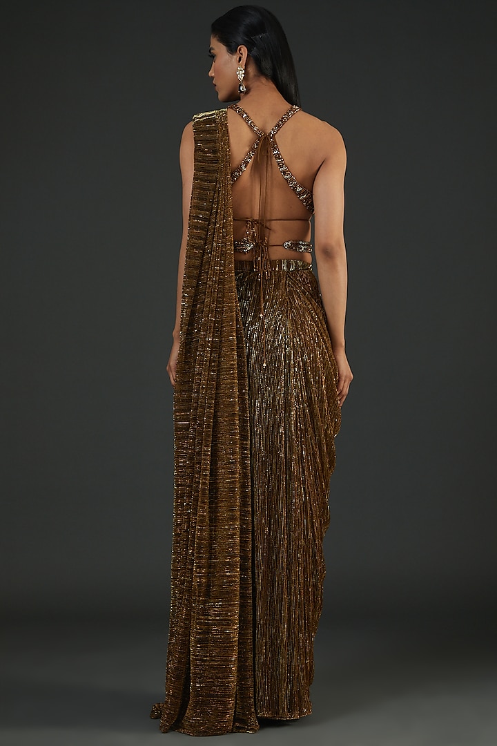 Gold Wrinkled Lurex Pre-Stitched Reception Saree Set by Seema Gujral at Pernia's Pop Up Shop