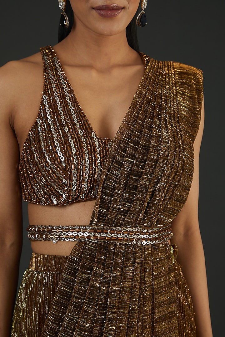 Gold Wrinkled Lurex Pre-Stitched Reception Saree Set by Seema Gujral at Pernia's Pop Up Shop