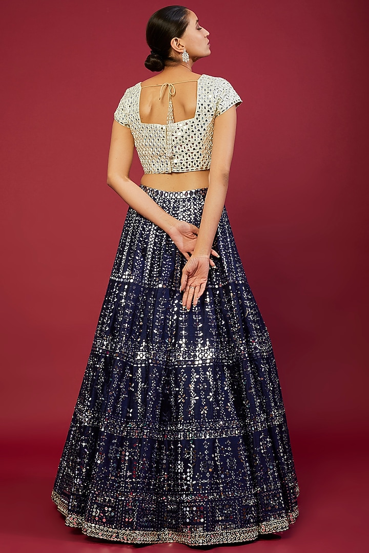 Navy Raw Silk Mirror Embroidered Bridal Lehenga Set by Seema Gujral at Pernia's Pop Up Shop