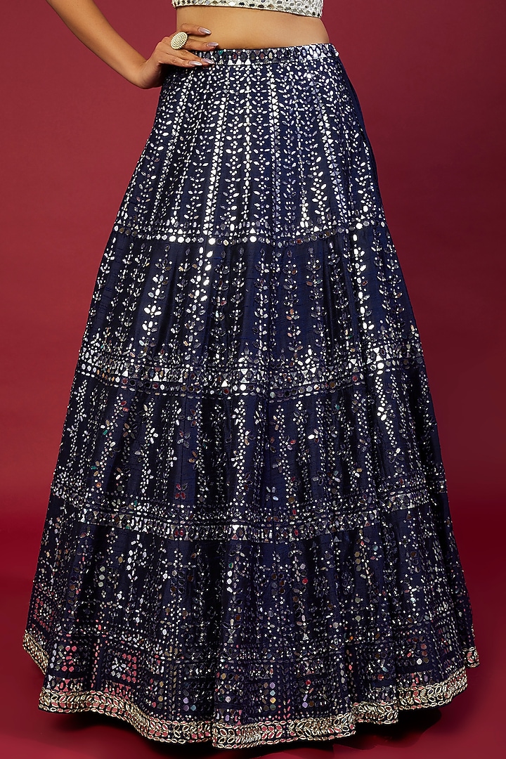 Navy Raw Silk Mirror Embroidered Bridal Lehenga Set by Seema Gujral at Pernia's Pop Up Shop