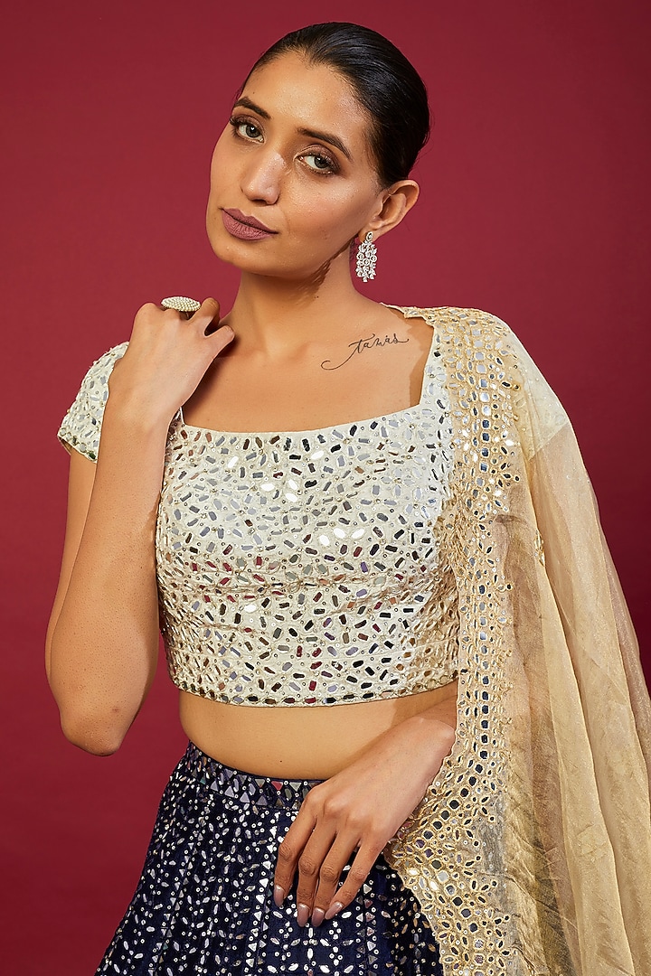 Navy Raw Silk Mirror Embroidered Bridal Lehenga Set by Seema Gujral at Pernia's Pop Up Shop