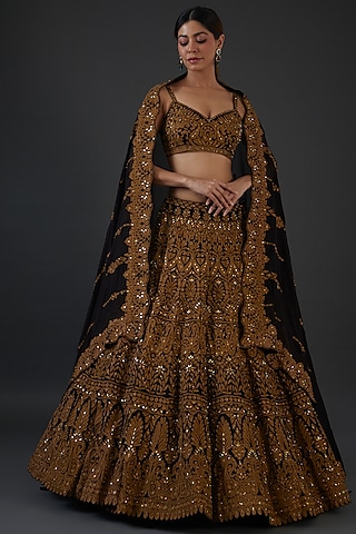 Dark Brown Georgette Zari Embroidered Lehenga Set by Seema Gujral