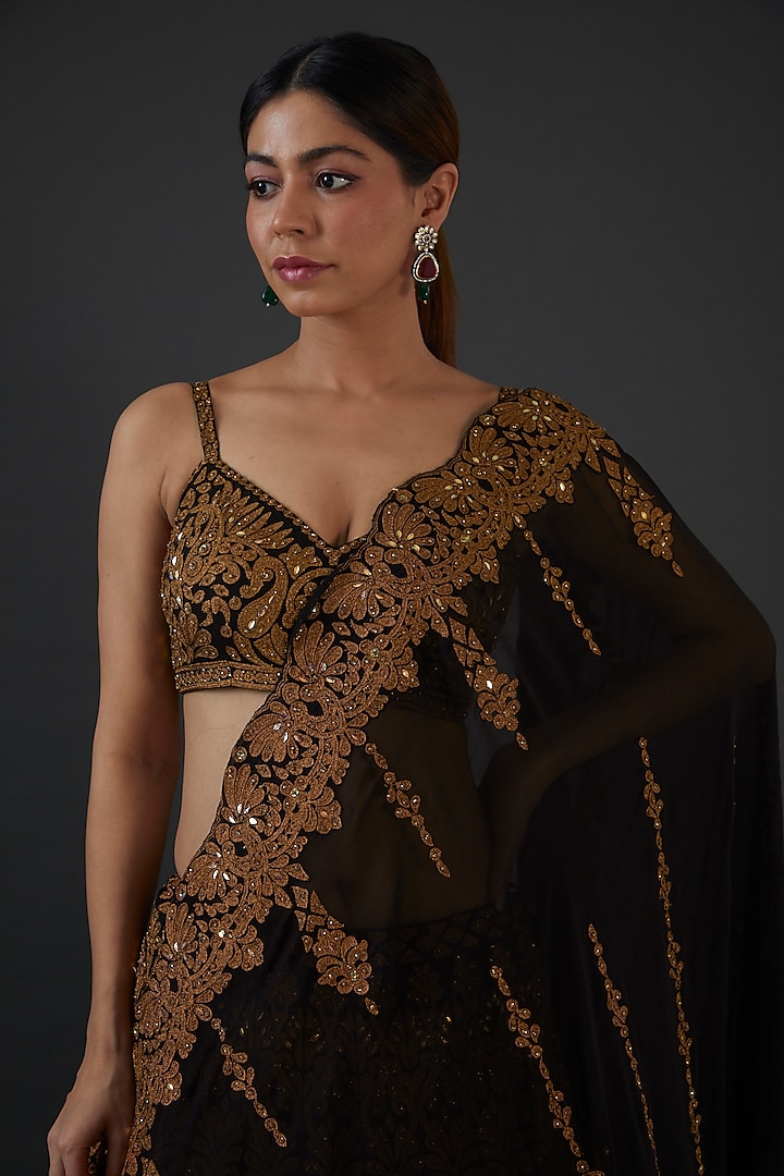 Dark Brown Georgette Zari Embroidered Bridal Lehenga Set by Seema Gujral at Pernia's Pop Up Shop