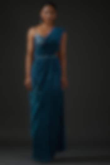 Dark Blue Crinkled Lurex Pre-Draped Saree Set by Seema Gujral