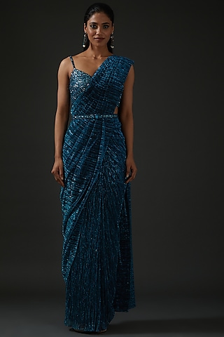 Dark Blue Crinkled Lurex Pre-Draped Saree Set by Seema Gujral
