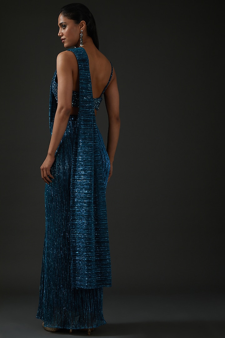 Dark Blue Crinkled Lurex Pre-Draped Wedding Saree Set by Seema Gujral at Pernia's Pop Up Shop