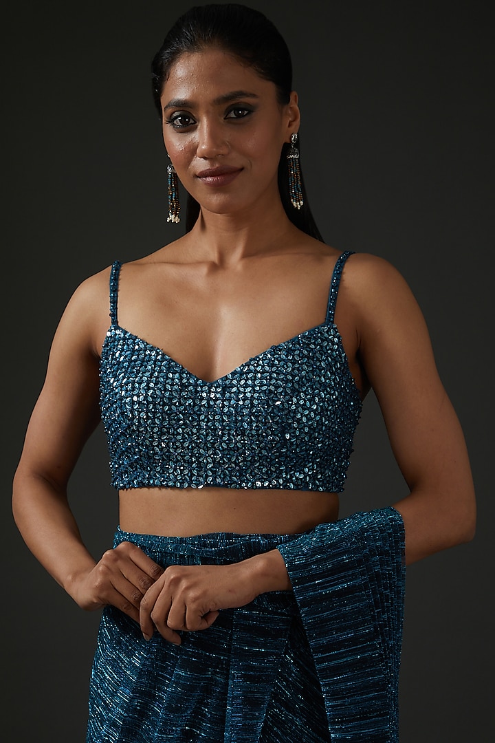 Dark Blue Crinkled Lurex Pre-Draped Wedding Saree Set by Seema Gujral at Pernia's Pop Up Shop