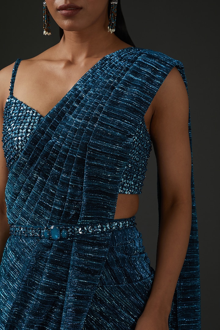 Dark Blue Crinkled Lurex Pre-Draped Wedding Saree Set by Seema Gujral at Pernia's Pop Up Shop
